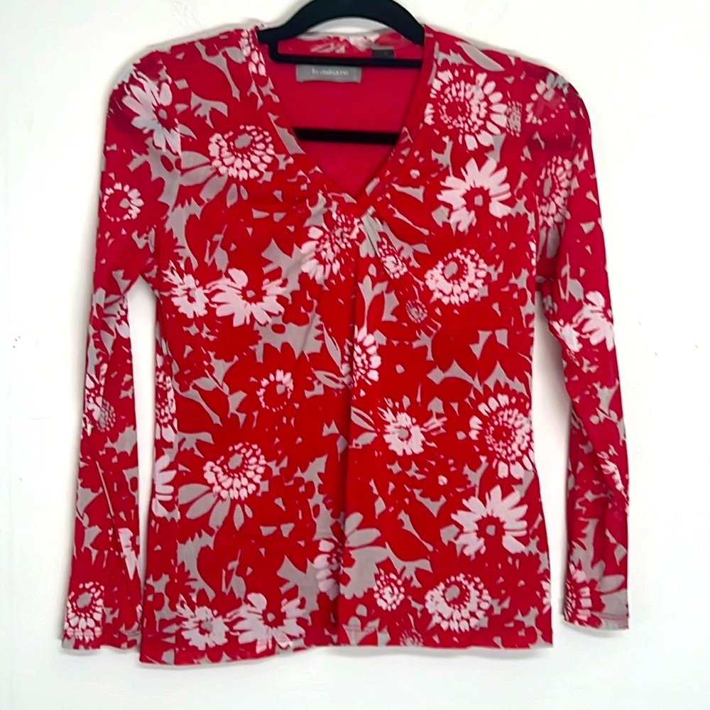 🌞 Liz Claiborne vintage long sleeve red & white floral gathered v-neck women MP